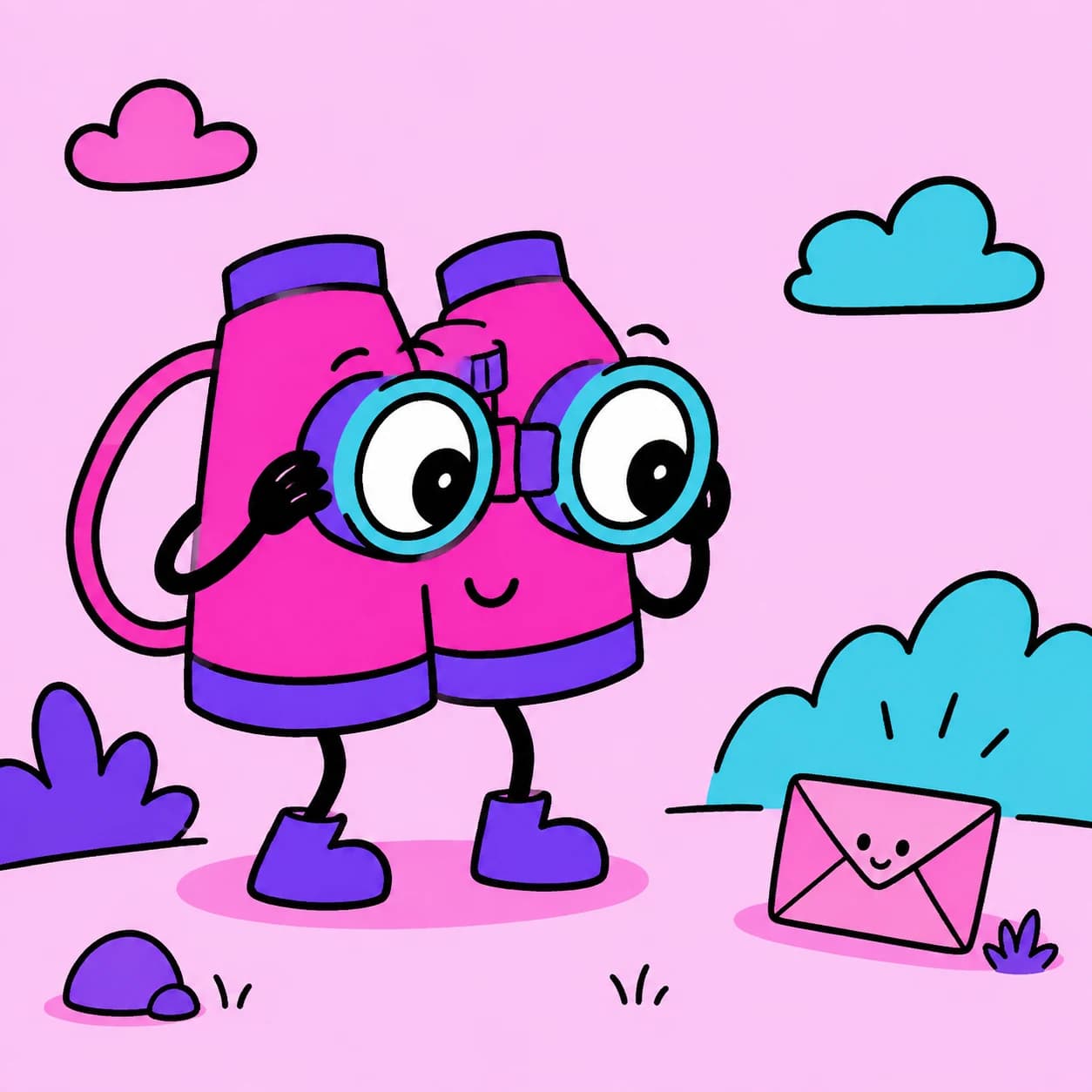 A cheerful binocular character spotting an application envelope.